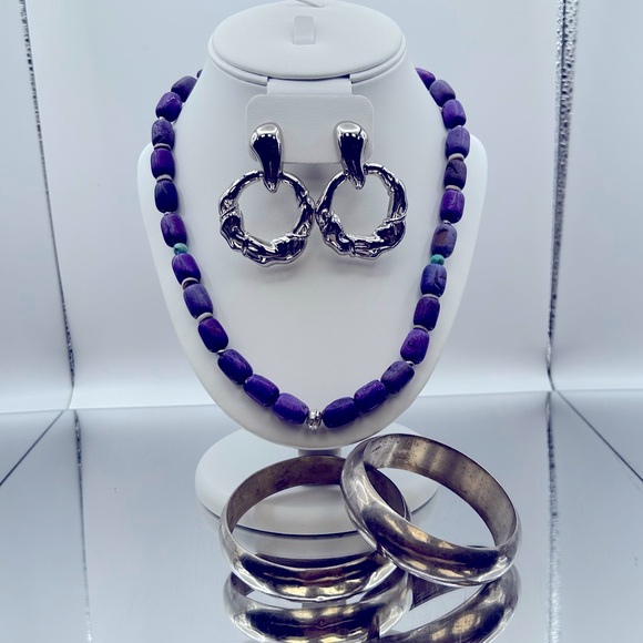 Mexico Jewelry - Silver Bangles, Purple Howlite w/Silver Beads necklace & silver clip-on earrings